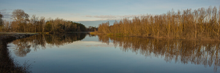 Psel river and deciduous forest, panoramic landscape.