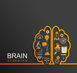 Brainstorming concept with science and business icons. Left and right brain with symbols inside - bulb,rocket, infographic, chemical, target, speech bubble. Vector illustration.