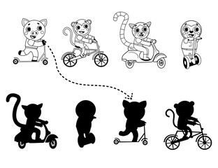 Coloring outline puzzle page for preschool kids. Find the correct shadow game. Matching. Transport for children. Black and white