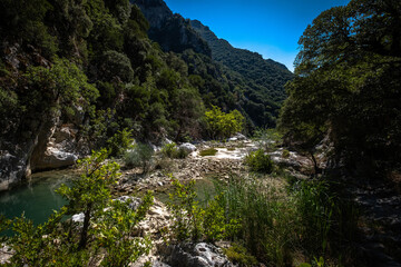 Fototapeta na wymiar Small river enveloped with rocks. Closeup of river scenes in forest in Epirus Greece.