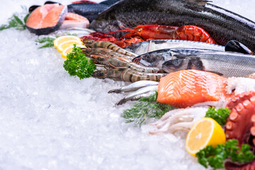 Fresh fish and seafood on ice pile