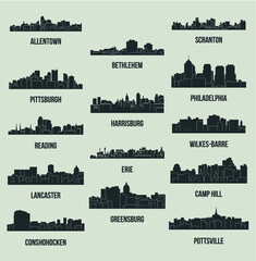 Set of 14 city silhouette in Pennsylvania (Philadelphia, Bethlehem, Harrisburg, Pittsburg, Erie, Lancaster, Reading, Allentown, Scranton, Pottsville, Greensburg, Camp Hill, Wilkes-Barre, Conshohocken)