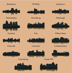 Set of 14 city silhouette in Pennsylvania (Philadelphia, Bethlehem, Harrisburg, Pittsburg, Erie, Lancaster, Reading, Allentown, Scranton, Pottsville, Greensburg, Camp Hill, Wilkes-Barre, Conshohocken)
