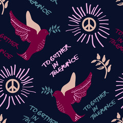 Fototapeta na wymiar Seamless repeat pattern with Peace dove and olive branch on dark blue background