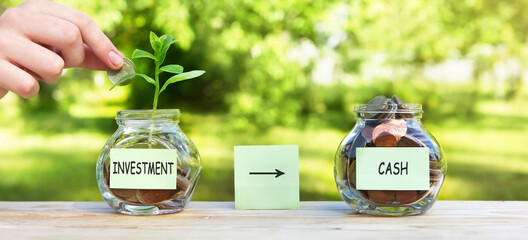 Investment cash, sticker on a glass jar, with coins and a plant in one of them, where a woman's hand puts a coin. Finance and investment concept. Sticker for writing.