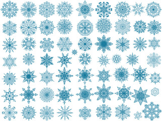 sixty four cyan snowflakes collection isolated on white
