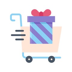 gift box related gift box with strips and shopping trolly vector in flat style,