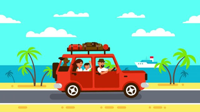 Family trip in a red car with luggage. Vacation journey on vehicle with family. Looped animation with alpha channel.