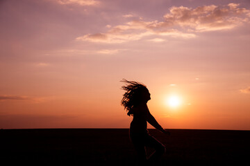 Fototapeta premium Dark silhouette of a girl with long flowing hair against the sunset
