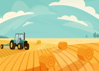 Wheat field landscape vector illustration after haymaking with tractor. Nature farm scenery with golden yellow haystack rolls. Bright summer countryside view © zaie
