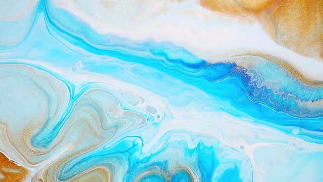 Fluid art drawing footage, trendy acrylic texture with flowing effect. Liquid paint mixing backdrop with splash and swirl. Detailed background motion with golden, white and blue overflowing colors