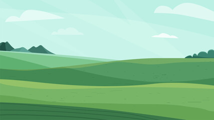 Landscape vector illustration. Green meadow field, hill, plants and blue sky with clouds. Nature spring, summer farm scenery. Countryside for organic production background