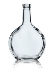 Empty open round glass brandy bottle isolated on white background with reflection