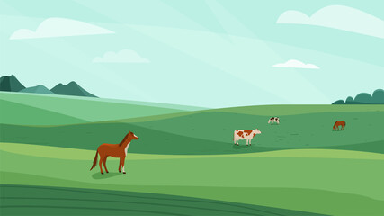 Farm landscape vector illustration. Green meadow field, hills. Cow, horse animal graze on fresh grass. Nature spring, summer farmland scenery. Countryside for organic production background © zaie