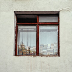 Books on the windowsill behind the glass in the window library