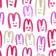 Cheerful multicolored colorful hares isolated on white background. Childish cute seamless pattern. Outline sketch drawing. Vector flat graphic hand drawn illustration. Texture.