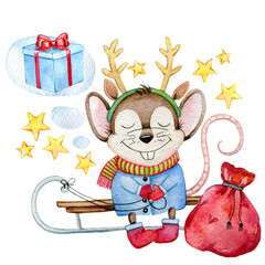 Watercolor christmas mouse, cute mouse illustration, cute christmas animal,jpg