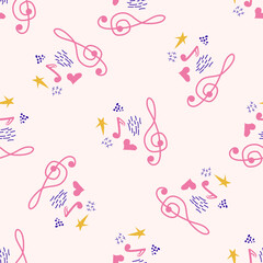 Pink, blue pastel texture with musical notes and a treble clef. Template