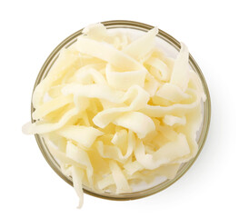 Dried squid rings in a plate on a white background, isolated. Top view