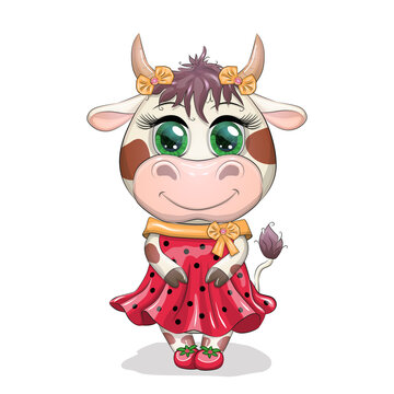 lovely cow girl with beautiful eyes in a red dress in black peas, like a ladybug. Funny cow character, lady.