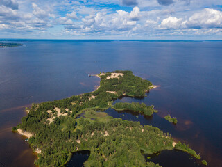 Aerial view from drone of  Volga river island called 