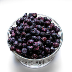 Moras azules frescas y congeladas con plantas de fondo