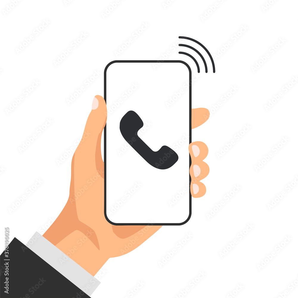 Poster hand holds smartphone with incoming call on a screen. calling service concept. answer the call. mode