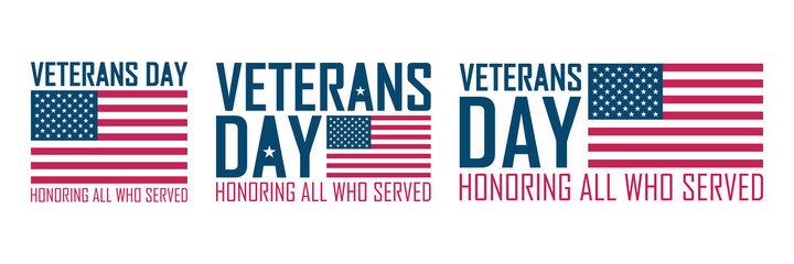 Fototapeta premium USA Veterans Day celebrate card set with United States national flag. American national holiday design templates collection. Vector illustration.