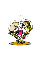 Pareja, amor, personas, mujer, hombre, san valentín, corazón, taza, café, hecho a mano, rústico, gestual, arte, verde, mostaza, aroma, enamorados, gracioso, caricatura, vector, decoración