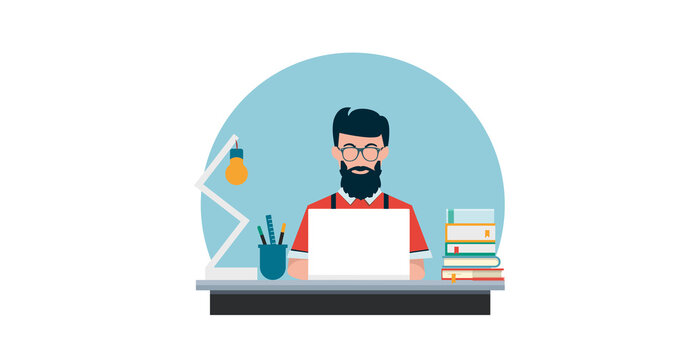 Vector of a man working studying on laptop computer from home