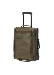 Suitcase with telescopic handle and on wheels isolate on white back. Baggage on a travel or business trip