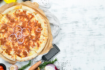 Pizza with Bolognese sauce. Top view. free space for your text.