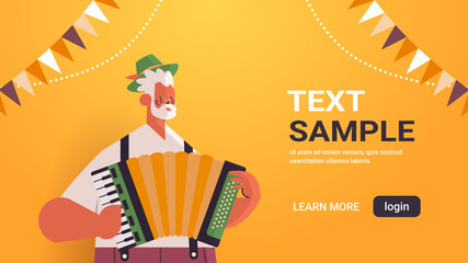 musician playing accordion on folk festival Oktoberfest party celebration concept man in german traditional clothes having fun portrait horizontal copy space vector illustration