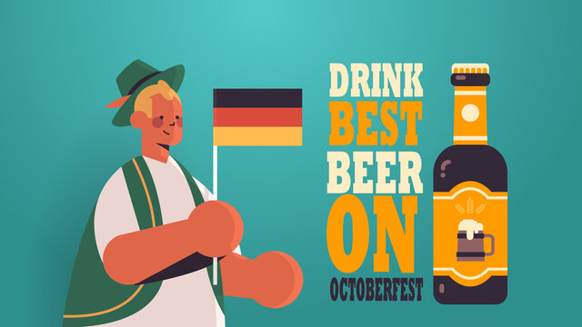 guy holding Germany flag beer festival Oktoberfest party celebration concept man wearing german traditional clothes portrait greeting card horizontal vector illustration