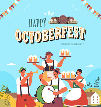people holding mugs and playing musical instruments celebrating beer festival Oktoberfest party celebration concept greeting card copy space vector illustration