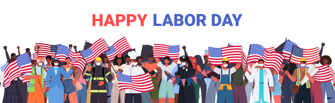 people of different occupations celebrating labor day mix race workers wearing masks to prevent coronavirus pandemic portrait horizontal vector illustration