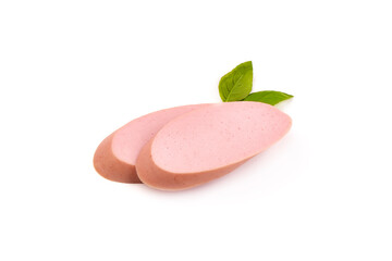 Fresh Boiled sausage slices with basil leaves, isolated on white background