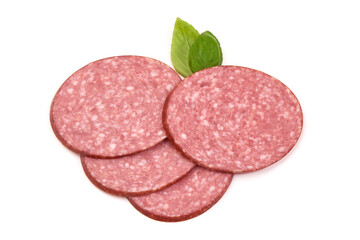 Obraz na płótnie Canvas Sliced salami smoked sausage, isolated on white background