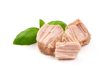 Canned Pork Meat with basil leaves, isolated on white background