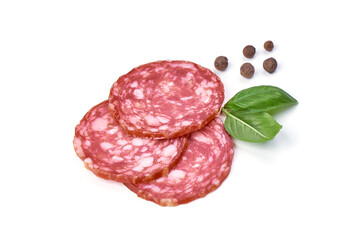 Sliced salami smoked sausage, isolated on white background