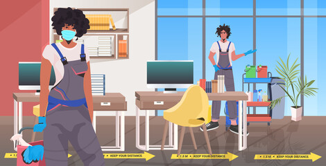 professional cleaners in masks cleaning and disinfecting floor to prevent coronavirus pandemic modern office interior horizontal vector illustration