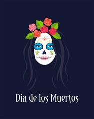 Day of the Dead, Dia de los muertos, Mexican holiday, festival. Sugar skull woman portrait. Female character with sugar skull makeup. Vector illustration on a dark background.