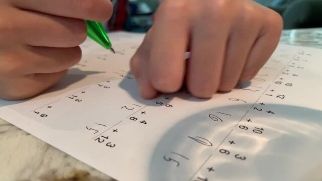 Elementary aged student doing math (addition problems) on a practice worksheet.
