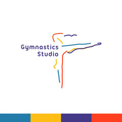 Stylized gymnast woman linear silhouette in handstand pose. Logo for fitness studio, dance class, yoga or aerobics training 