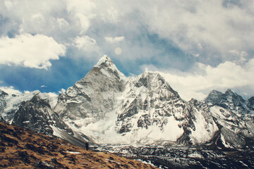 Fototapeta premium Nepal, Himalaya mountains, Sagarmatha National Park. Trekking, Mountaineering in Everest region on the track of three passes