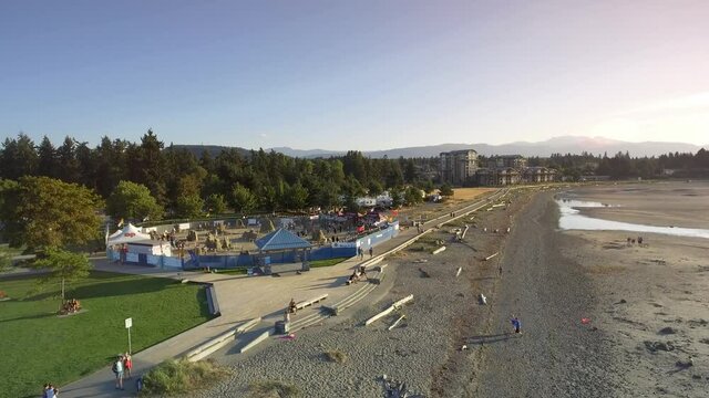 View From Above Of Sand Sculpture Competition On The Beach.