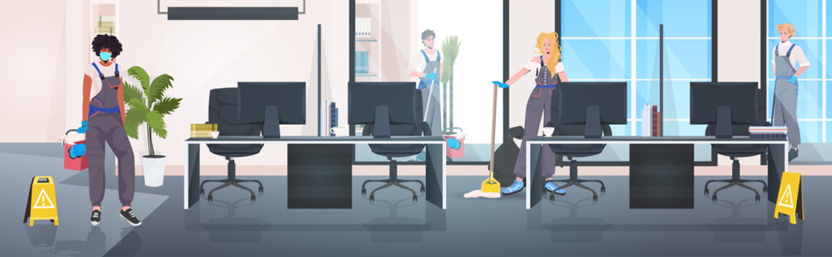 Mix Race Cleaners Team Cleaning And Disinfecting Floor To Prevent Coronavirus Pandemic Modern Office Interior Horizontal Full Length Vector Illustration