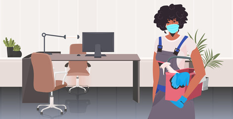 professional cleaner female janitor cleaning and disinfecting floor to prevent coronavirus pandemic modern office interior horizontal portrait vector illustration