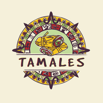 Tamales In The Stylized Maya Calendar Frame. Logo, Round Sticker Or Emblem For Traditional Mexican Food