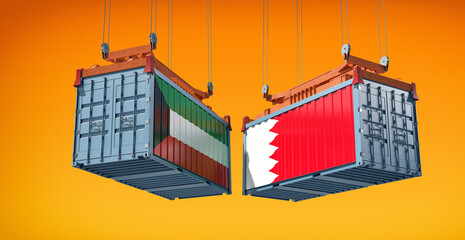 Freight containers with Kuwait and Bahrain flag. 3D Rendering 